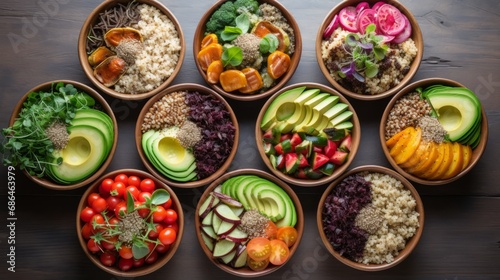 A Vibrant Spread of Nourishing Grain Bowls Filled with Quinoa, Roasted Vegetables, Avocado, and a Variety of Colorful Toppings, Symbolizing Health and Wellness