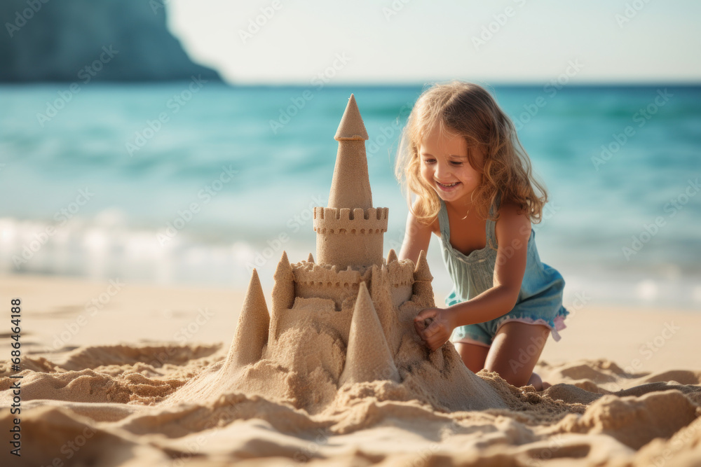 Girl playing on the beach on summer vacation Little girl builds a sand castle with a blue ocean background. Enjoy the summer vacation. Have fun on the beach - obrazy, fototapety, plakaty 