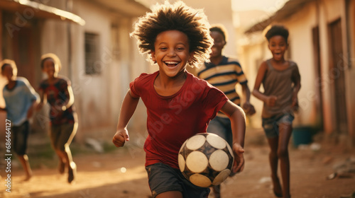 African children in poor slums Have fun tapping balls on the soccer field in the slum village. Group of fun African children © เลิศลักษณ์ ทิพชัย