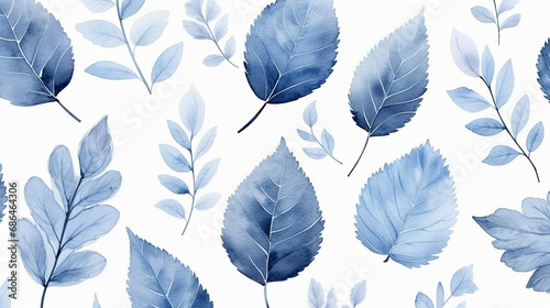 seamless pattern of blue leaves with watercolor winter nature background