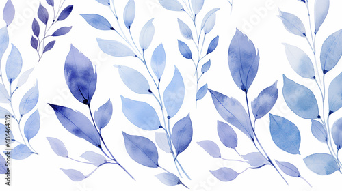 seamless pattern of blue leaves with watercolor winter nature background on white background