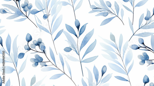 seamless pattern of watercolor eucalyptus true blue branches on white background