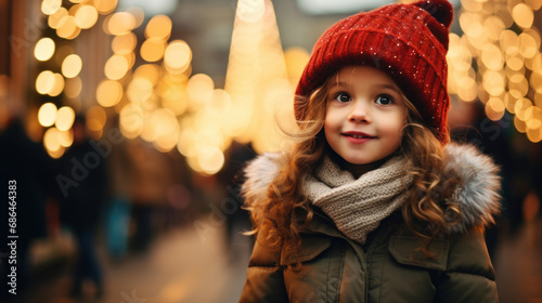 Little girl in a hat and coat On the background of the Christmas tree christmas market winter happy holidays