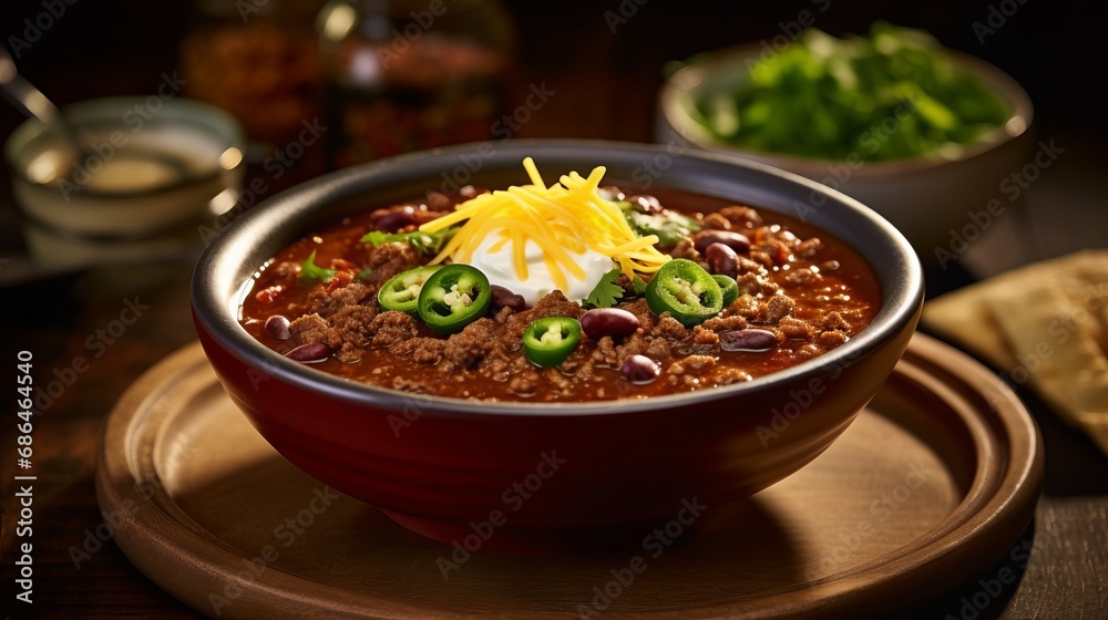 Steaming Bowl of Hearty Chili, Loaded with Beans, Ground Meat, Shredded Cheese and Green Onions Steaming Bowl of Hearty Chili, Loaded with Beans, Ground Meat, Shredded Cheese and Green Onions