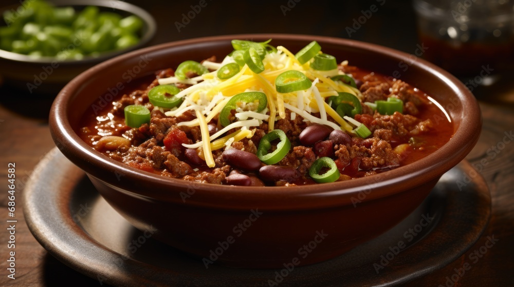 Steaming Bowl of Hearty Chili, Loaded with Beans, Ground Meat, Shredded Cheese and Green Onions