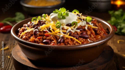 Steaming Bowl of Hearty Chili, Loaded with Beans, Ground Meat, Shredded Cheese and Green Onions