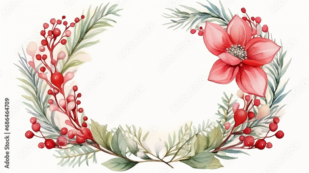beautiful watercolor Christmas wreath with floral elements on white background