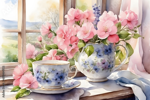 still life with flowers and a cup of coffee near window, watercolor