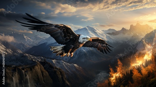 Bald Eagle Soaring Through Wintry Mountain Landscape