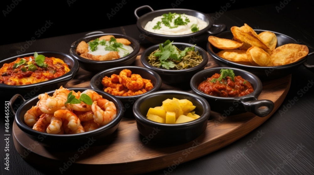 Selection of Classic Tapas, Including Patatas Bravas, Gambas Al Ajillo, and Chorizo Slices 