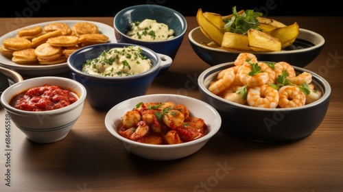 Selection of Classic Tapas  Including Patatas Bravas  Gambas Al Ajillo  and Chorizo Slices 