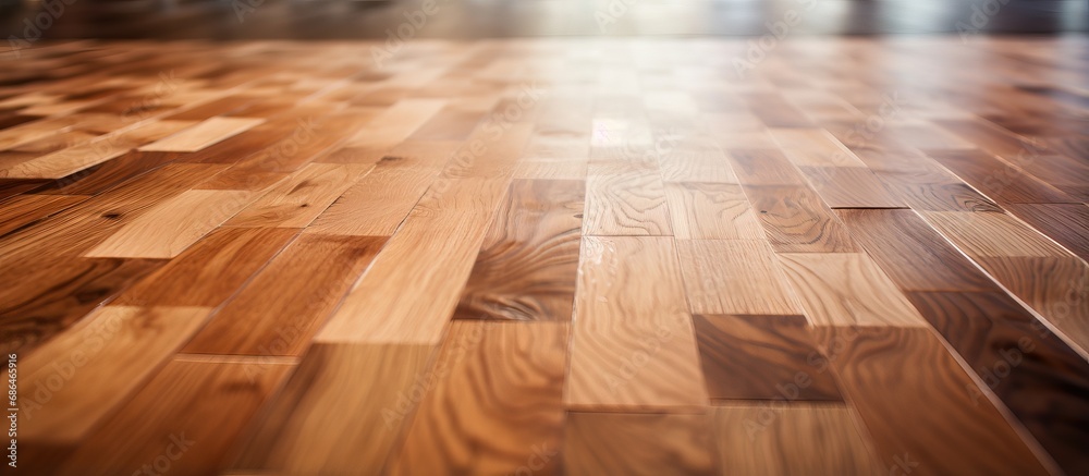 Close up of installing brown wooden parquet floor planks representing the carpentry concept - obrazy, fototapety, plakaty 