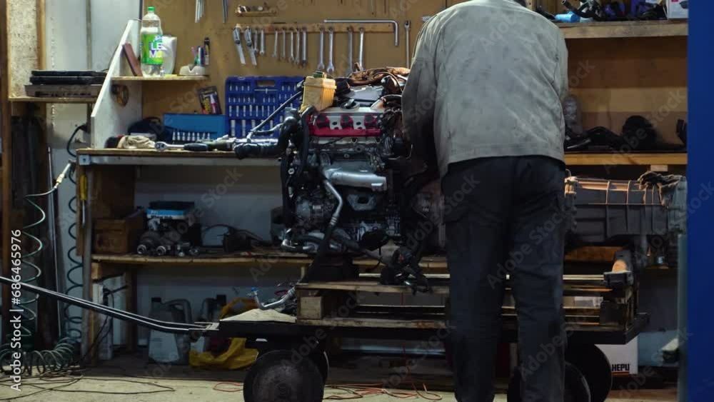 Disassembled car engine block at car service station Disassembled car engine block at car service station