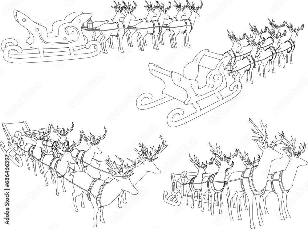 Obraz premium Vector sketch illustration design of Santa's sleigh drawn by snow reindeer on Christmas day
