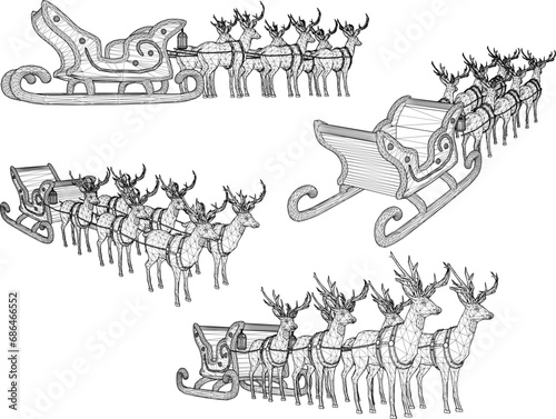 vector sketch illustration design of snow reindeer animals pulling Santa's sleigh at Christmas