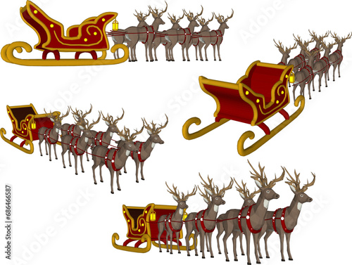 vector sketch illustration design of snow reindeer animals pulling Santa's sleigh at Christmas