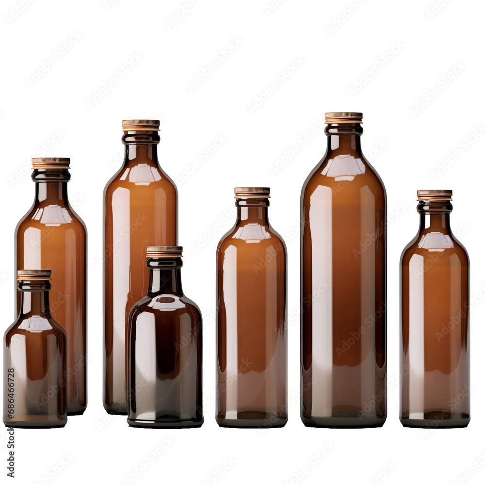 Empty brown glass medical bottles isolated on transparent background