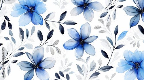 watercolor seamless pattern with black and blue plant on white background
