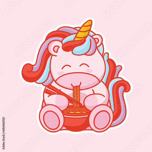 Cute unicorn eating noodle ramen cartoon icon vector illustration  photo