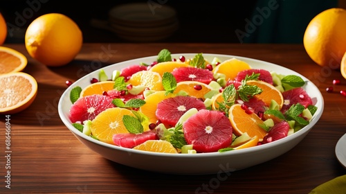 Highlight a refreshing winter citrus salad with segments of grapefruit, oranges, and pomegranate seeds, creating a burst of color --ar 16:9 --v 5.2 Job ID: 65dd64ba-118d-4591-a75f-7889dfabd8e2