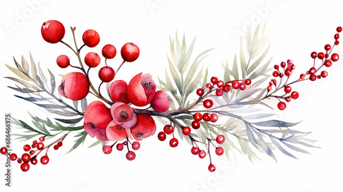 watercolor winter floral branch with red berries juniper and snowberry. Hand painted floral