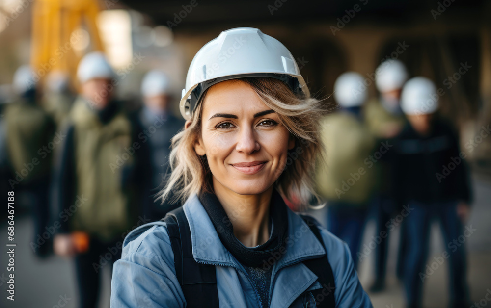 Cheerful mature female architect in hardhat smiling and looking at camera while standing with crossed arms against colleagues during construction works Cheerful mature female architect in hardhat smiling and looking at camera while standing with crossed arms against colleagues during construction works
