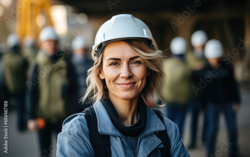 Cheerful mature female architect in hardhat smiling and looking at camera while standing with crossed arms against colleagues during construction works