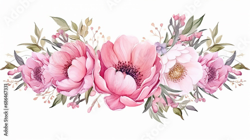 floral watercolor peony flower frame. wreath with tropical leaves and flowers.