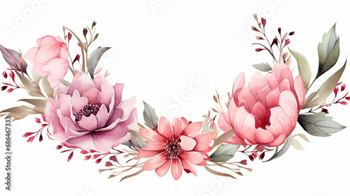 Fototapeta Naklejka Na Ścianę i Meble -  beautiful floral watercolor peony flower frame. wreath with tropical leaves and flowers.