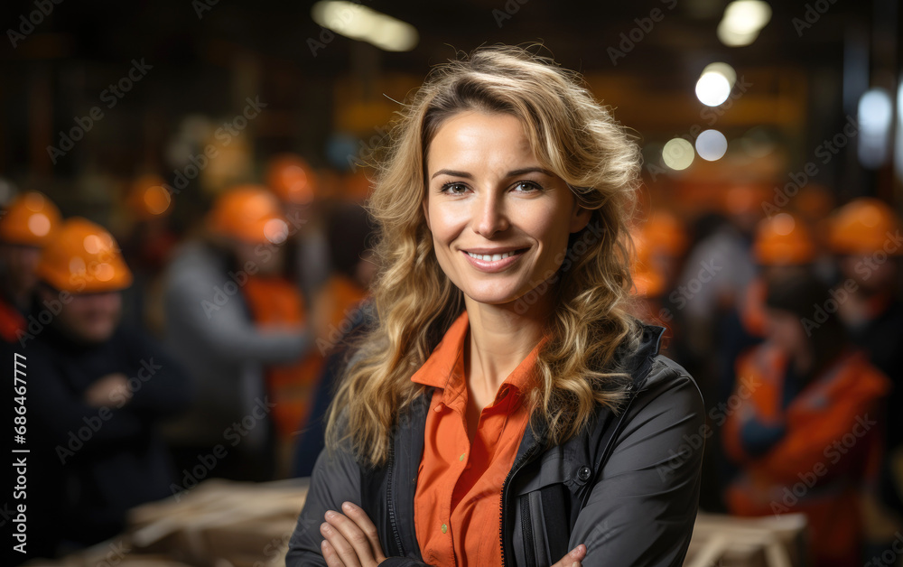 Cheerful mature female architect in hardhat smiling and looking at camera while standing with crossed arms against colleagues during construction works