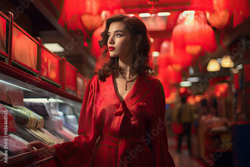 girl in red high waist skirt and long sleeves shopping in hong kong photo