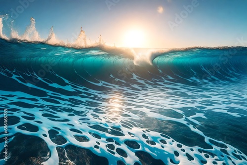 **blue ocean wave crashing at sunrise. generative ai-