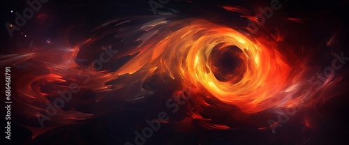 Color water twirl. Fume circle. Ink wave. Astrology eye. Esoteric vision. Orange red golden steam circle vortex on dark creative abstract background