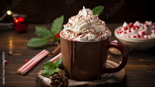 Mug of Hot Chocolate with a Whipped Cream on Top with a Mint Leaf