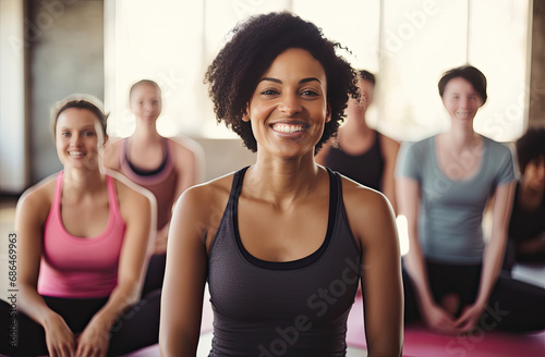 women yoga instructor in yoga studio with group of girls