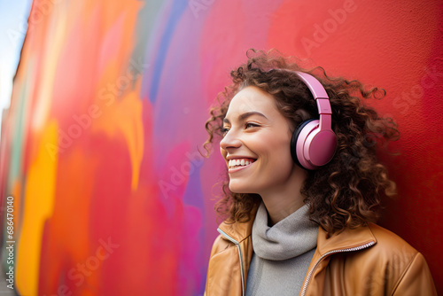 cheerful blonde smiling girl in the colorful headphones