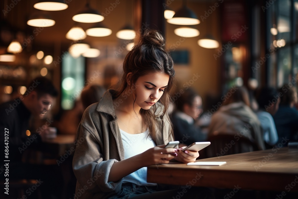 Digital Delight Tech Savvy Cafe Moment Teenager Engrossed in Smartphone Joy in the Cafe