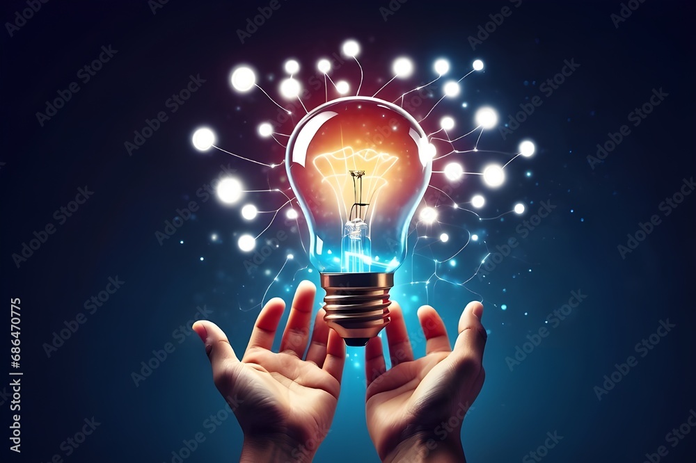 Businessman hand holding light bulb and smart brain inside and innovation icon network connection, innovative technology in science and artificial intelligence technology. - obrazy, fototapety, plakaty 