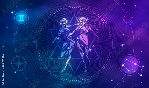Gemini horoscope sign in twelve zodiac with galaxy stars background, graphic of low poly young lady twins with futuristic astrological element