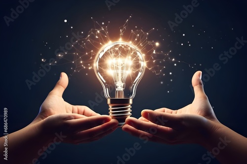 Hand holding light bulb and smart brain inside and innovation icon network connection, innovative technology in science and industrial.
