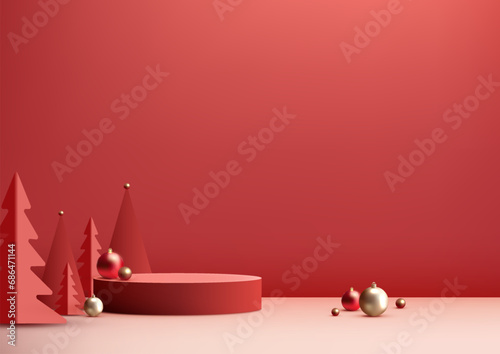 Christmas Red Podium Decoration with Pine Tree, Gold and Red Balls