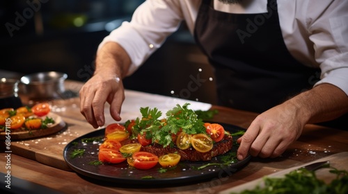 Close up of female hands preparing meatloaf with tomatoes and herbs