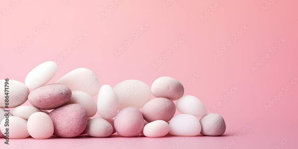 Pink and blue marbles in a bowl on a pink background ,A pink background with a pink background with a flower and leaves on it.generative ai
