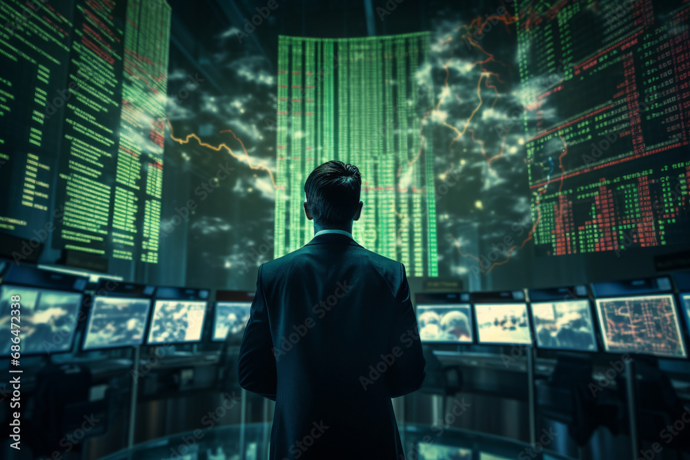 Market Analyst Monitoring Financial Data on Multiple Screens Market Analyst Monitoring Financial Data on Multiple Screens