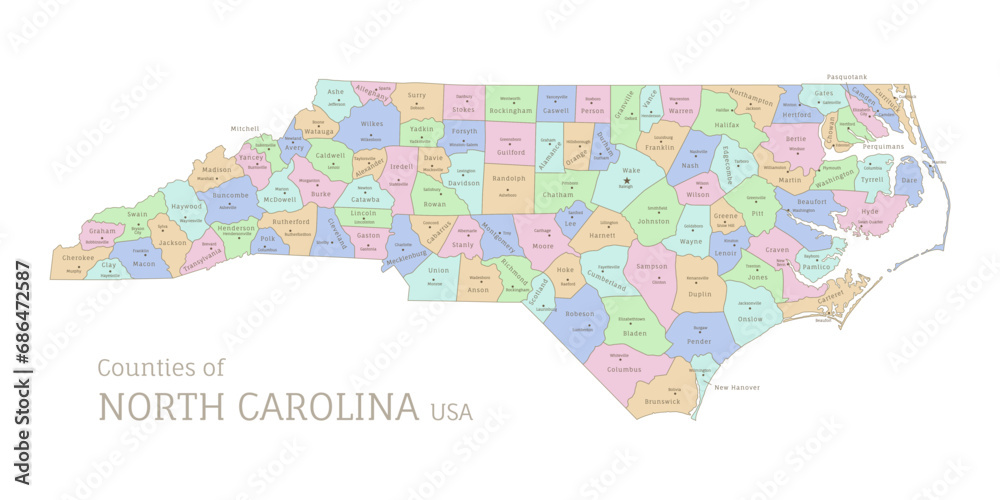 Counties of North Carolina federal state, administrative map of USA. Highly detailed color map of American region with territory borders and counties names labeled vector illustration