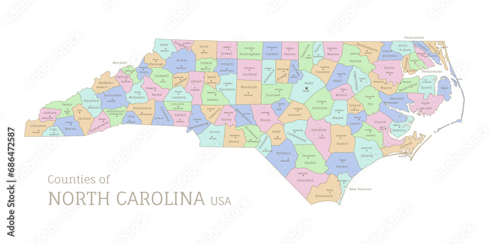 Poster Counties of North Carolina federal state, administrative map of