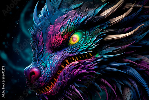 A colorful fantasy dragon on a black background. Generative AI 