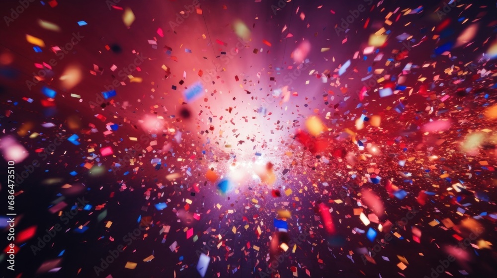 A festive and colorful party with flying neon confetti on a purple background
