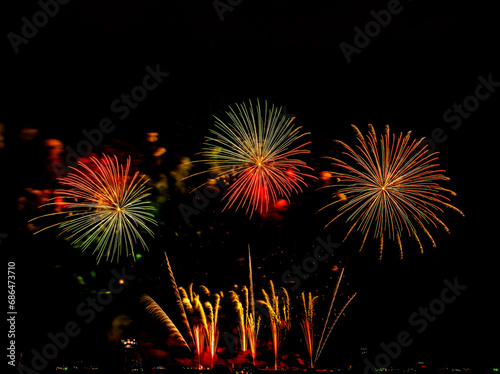 Fireworks show under defocus or blur concepts with isolated black background at night  this celebration is for the International Fireworks Festival in Pattaya on Nov 24-25 in Thailand