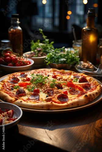Appetizing pizza on a wooden table. Italian cuisine, restaurant menu.